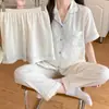 Pijama Popular Transfronterizo de Algodón Nube para Mujer Cárdigan Solapa Conjunto de Tres Piezas Pantalones Cortos Pantalones Largos Ropa de Casa Conjunto para Mujer
