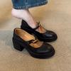 Sapatos de Couro com Solado Grosso e Bico Redondo para Mulheres 2026 Estilo Britânico Versátil Retrô Boca Rasa Tira com Fivela Salto Grosso Sapatos Mary Jane