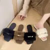 Pantuflas de pelo de conejo real para mujer, nuevas y versátiles para primavera y otoño 2026, estilo hada, suela suave, punta cuadrada abierta, pantuflas de algodón, de moda