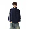 Moletom Cardigan Esportivo Color Block com Listras Americanas Masculino Outono Novo Solto Estilo College Marca Tendência Jaqueta com Gola Alta