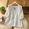 Camisa Pulôver de Algodão e Linho com Decote V de Meia-Manga para Mulheres, Verão 2026, Corte Solto, Emagrecimento, Top Casual Versátil, Tendência