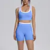 Nuevo conjunto de yoga de dos piezas de nailon con bloques de color transfronterizo, de doble cara, tacto nude, ajustado, para deportes, running y fitness