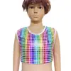 Roupa de Performance para Comércio Exterior Xadrez Quadrado a Laser Estampa de Lantejoulas Colete Curto Sem Mangas Revelando o Umbigo para Crianças e Adultos
