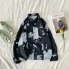 Camisa clásica de manga larga negra con estampado floral pequeño, estilo ins casual, retro de Hong Kong, estilo japonés, unisex, fresca y elegante para primavera y otoño