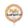 Globo redondo de aluminio de 18 pulgadas con texto "Feliz cumpleaños en español" para decoración de fiestas de cumpleaños en español.