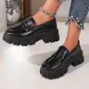 Mocassins femininos, nova coleção primavera/outono, sapatos de couro preto, saltos grossos, estilo britânico retrô, sapatos plataforma pretos