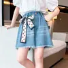 A966 Yang Temprano Niños Verano Nuevo Estilo Medianos y Grandes Niños Ligeros Modernos Cinta de Amor Cintura Alta Pantalones Cortos de Mezclilla para Niñas