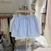 Coreia do Sul Dongdaemun Verão Vintage Redutor de Idade Costura Renda Renda Cintura Alta Versátil Listrado Perna Larga Shorts Femininos