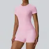 Conjunto de Yoga Europeo y Americano Sensación Nude Secado Rápido Doble Mate Manga Corta Deportiva Pantalones de Yoga de Cintura Alta Conjunto de Dos Piezas 52239+62428