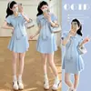 En Stock Vestido de Verano Estilo Coreano Elegante y Juvenil con Cuello Polo Cintura Ceñida para Personas Petites con Chal Rayado Set de Maternidad