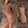 Yiyue lencería sexy sexy uniforme de club nocturno lentejuelas malla faja vientre tentación abertura falda corta traje pijama 8853