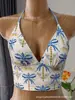 Novo Biquíni Duas Peças com Estampa de Coqueiros e Gola Halter, Calcinha com Tecido Canelado e Amarração Lateral, Roupa de Banho para Férias na Praia