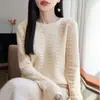Novedades para Otoño/Invierno 2026: Suéter Básico de Punto 100% Lana Pura para Mujer con Patrón Calado de Ganchillo, Cuello Redondo, Corte Holgado, para Usar en Capas