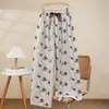 Pantalones de Pijama de Algodón Perlado para Mujer Verano Nuevo Dibujos Animados Pantalones para Casa Delgados para Usar en Exterior Pantalones Antimosquitos Talla Grande Sueltos Pantalones Largos