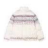 Jaqueta Acolchoada com Gola Alta Bordada Fair Isle para Mulheres 2025 Inverno Novo Estilo Preguiçoso Solto Casaco de Algodão Quente Espesso