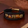 Pulsera Personalizada Ojo de Tigre para Hombre Pulsera de Cuerda de Cuero Multicapa Pulsera Pulsera Joyería de Mano de Acero Inoxidable Europeo y Americano con Hebilla Magnética para Hombre