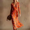 Vestido Transfronteiriço Novo Estilo com Decote em V e Mangas Longas com Elementos de Impressão Digital 3D, Saia Fashion e Personalizada para Marcar a Cintura Feminina