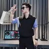 Camisa Masculina de Manga Curta de Alta Qualidade Verão Seda Gelada Casual Nova Tendência 2025 Camisa de Seda Gelada Falsa de Duas Peças