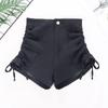 Shorts Casuales Negros con Cordón en Ambos Lados, Shorts de Cintura Alta con Botón Único 2022 para Mujer, Shorts de Cintura Alta Ajustados con Cordón 3265