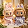 Muñeca de Peluche de Vinilo Labubu de 38 cm Ropa Vestido Rosa de Corazón de Verano Bolso Cruzado Morado de Corazón Conjunto de Vestido de Tul