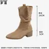 Versão em Couro Botas Maillard Femininas Decote V Emagrecedoras Salto Grosso Franzidas Empilhadas Botas de Cano Curto Botas Femininas Botas de Cowboy Ocidentais Botas Curtas