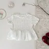 Blusas de Verão para Meninas, Moda Estilo Coreano com Estampa de Bolinhas, Patchwork de Laços, Camisetas de Manga Curta, Roupas de Verão para Bebês Meninas, Roupas da Moda