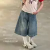 Calça Jeans Cropped Wide Leg Feminina, Estilo Verão Fino 2026, Nova Calça Reta de Cintura Alta para Crianças Maiores, Versátil e Estilosa