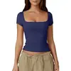 Amazon Transfronterizo Europeo y Americano Top de Mujer Ajustado Adelgazante Ombligo Color Sólido Cuello Cuadrado Camisa Básica Suave Manga Corta Cuello Cuadrado