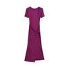 Vestido Retro Elástico de Cuadrado Europeo y Americano de Manga Corta para Mujer con Cintura de Diseño Retorcido Cruzado Falda Larga que Cubre la Cadera Color Puro