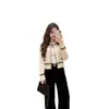 Suéter a rayas blanco y negro, cuello alto, top de punto, nuevo estilo otoño/invierno para mujer, con botones metálicos repujados, cárdigan, prenda de abrigo