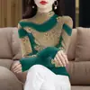 Camiseta Interior de Manga Larga con Cuello Alto y Estampado de Terciopelo Engrosado para Primavera y Otoño para Mujeres de Mediana Edad y Mayores, Top de Gama Alta que Cubre el Vientre