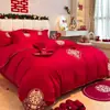 Juego de cuatro piezas de algodón puro nuevo de alta gama para boda, funda de edredón de algodón puro rojo brillante para boda, sábana, juego de ropa de cama para novia