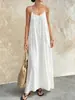 Vestido longo liso, franzido, sem costas, estilo europeu e americano, adequado para férias na praia, uso casual, roupas de casa e como camisola