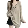 Camiseta de Manga Larga de Canalé con Cuello en V de Longitud Media para Mujer, Diseño Tallas Grandes, Nuevo Estilo Otoño e Invierno, Top Holgado y Adelgazante para Figuras Curvilíneas