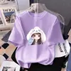 Camiseta de Manga Corta de Algodón Puro para Niñas Verano Nuevo Estilo Dibujos Animados Casual Versátil Top de Media Manga para Niños Medianos y Grandes