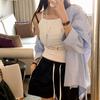Camisa Listrada Feminina Dongdaemun High Goods da Coreia do Sul Design Solta Casual Top com Cadarço nas Costas