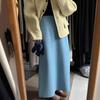 Falda de Punto Grueso Azul Otoño e Invierno para Mujer con Falda Recta Elegante Pequeña de Un Paso Falda Larga de Lana de Cintura Alta en Línea A