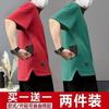 Camiseta Masculina de Verão com Gola Redonda, Manga Curta, Cor Sólida, Modelagem Solta, Tamanho Grande, Tecido Waffle Pesado Respirável, com Bolso Escondido