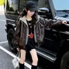 Chaqueta con capucha de retazos de punto y cuero PU de venta caliente al por mayor para niñas, abrigo estilo coreano para mujer, chaqueta nueva para primavera e invierno 2026