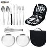 Amazon Aço Inoxidável Louça de Exterior Acampamento Piquenique Churrasco Faca, Garfo e Colher para Bife Prato Conjunto de Louça Portátil