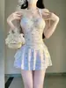 Maiô Feminino Novo Floral com Gola Halter, Franzido para Busto Pequeno, Conservador, Emagrecedor, Peça Única Estilo Saia para Fontes Termais