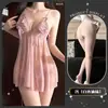 Lingerie Sexy com Vestido Transparente de Renda Furadinha em Malha, Saia com Gravata Borboleta e Toque Velado Franzido
