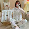 Pijama de Algodão Nuvem para Mulheres, Cardigã de Lapela Manga Curta para Primavera e Verão, Shorts e Calça Longa, Conjunto Casual de Três Peças com Lapela para Meninas