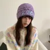 Chapéu de Tricô Roxo Doce com Letras Estilo Coreano para Mulheres, Outono e Inverno Espessado para Cabeça Grande Quente Afina o Rosto Gorro