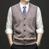 Chaleco cárdigan de punto para hombre transfronterizo, suéter casual sin mangas con cuello en V y patrón de rombos, chaleco engrosado 100% lana