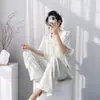 Pijama Feminino Novo Estilo Primavera e Outono com Grade de Quatro Linhas, Conjunto de Roupa de Casa de Manga Curta e Calça Longa de Verão, Tamanho Grande, Solto