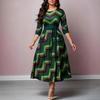 Vestido de viaje europeo y americano de otoño e invierno, cuello redondo, manga larga, estampado, cinturón en la cintura, falda larga con vuelo amplio, ropa de mujer