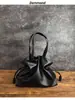 Bolsas: Design Coreano de Nicho, Bolsa Feminina de Couro Genuíno, Bolsa Plissada, Bolsa de Ombro em Couro Bovino, Bolsa Tote de Grande Capacidade com Cordão