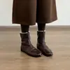 Botas Curtas de Veludo Forradas com Solado Plano Retrô, Uso Dupla Face, Zíper Frontal, Botas Slim, Botas Martin Femininas, Botas Quentes de Algodão com Bico Redondo