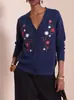 Cárdigan de Punto Bordado de Moda Europeo y Americano para Mujer, Nuevo Suéter Abrigo Holgado Vintage Floral con Cuello en V para Otoño e Invierno